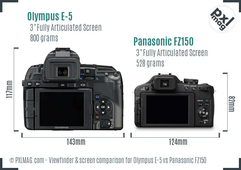 Olympus E-5 vs Panasonic FZ150 Screen and Viewfinder comparison