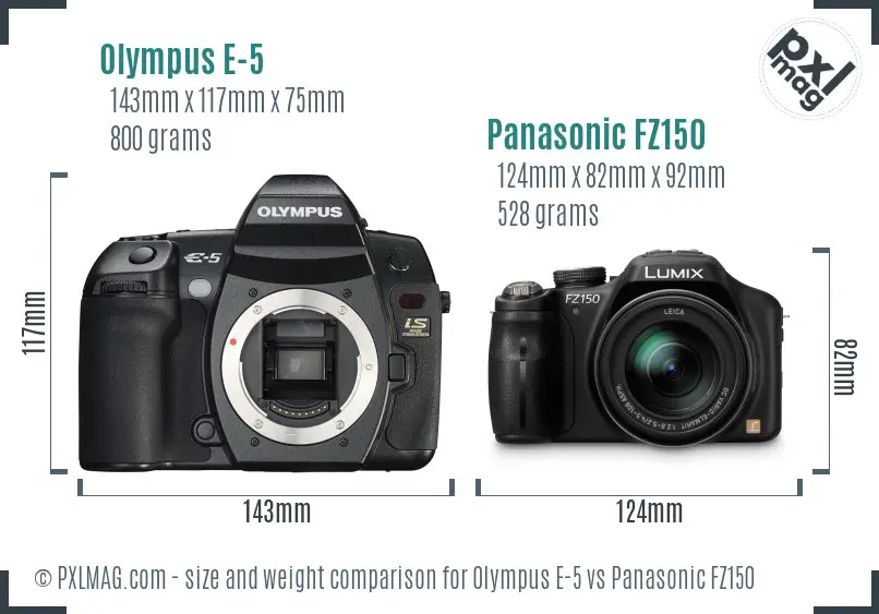 Olympus E-5 vs Panasonic FZ150 size comparison