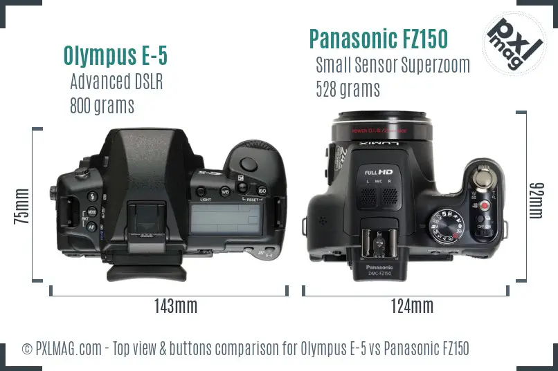 Olympus E-5 vs Panasonic FZ150 top view buttons comparison