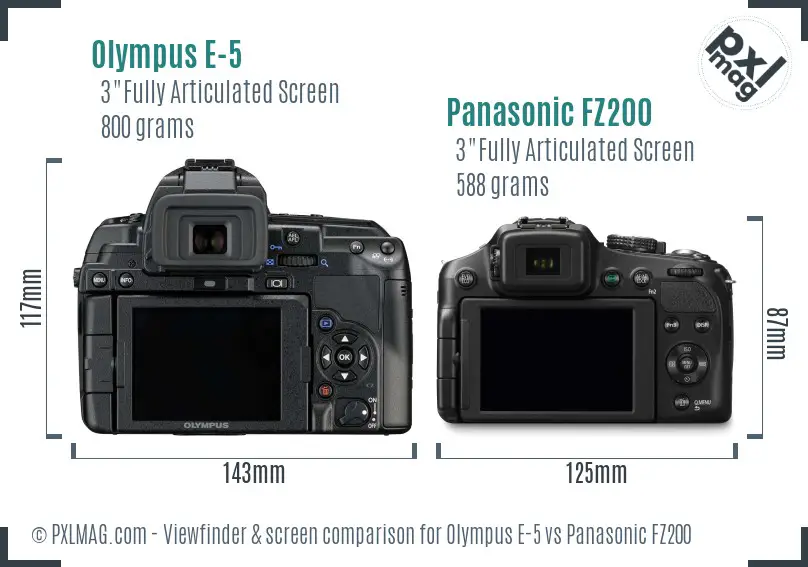 Olympus E-5 vs Panasonic FZ200 Screen and Viewfinder comparison