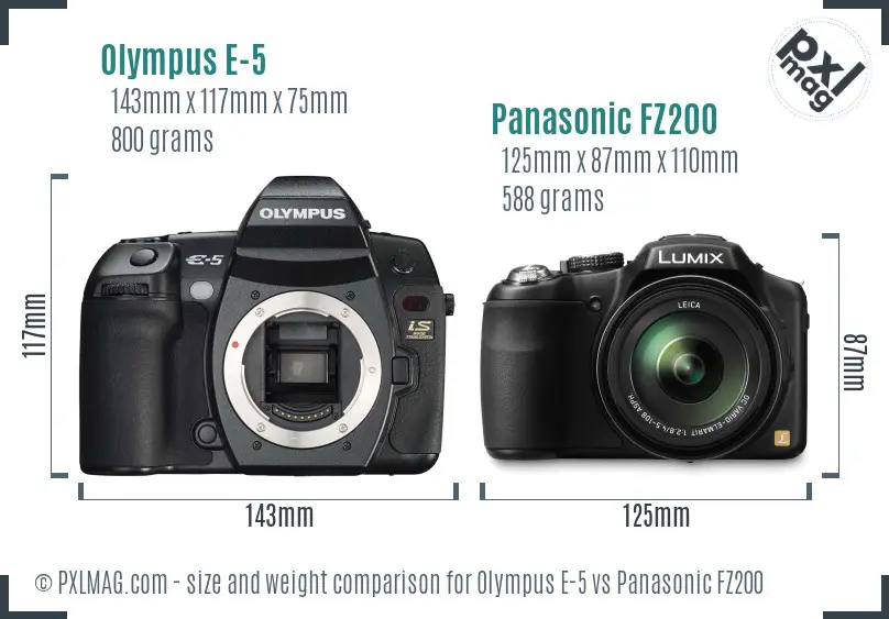 Olympus E-5 vs Panasonic FZ200 size comparison