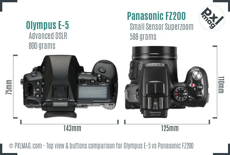 Olympus E-5 vs Panasonic FZ200 top view buttons comparison