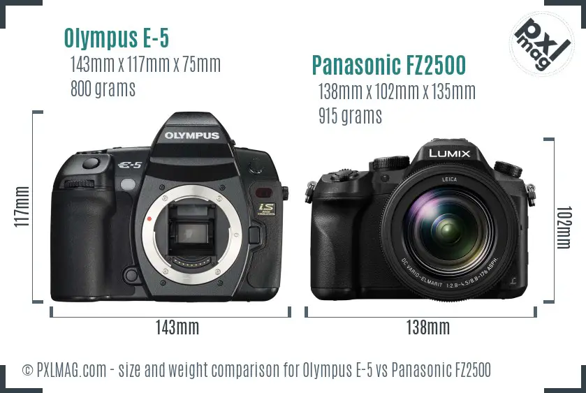 Olympus E-5 vs Panasonic FZ2500 size comparison