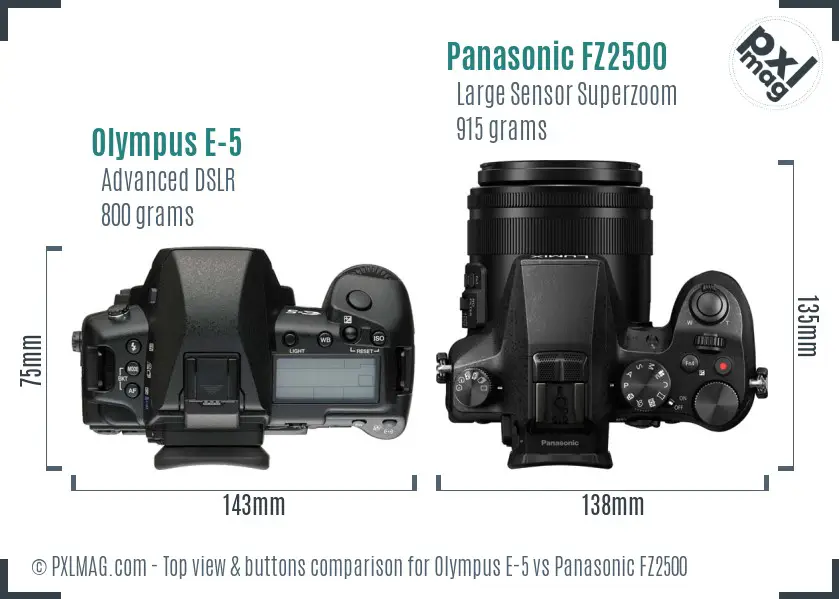 Olympus E-5 vs Panasonic FZ2500 top view buttons comparison