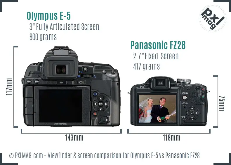Olympus E-5 vs Panasonic FZ28 Screen and Viewfinder comparison