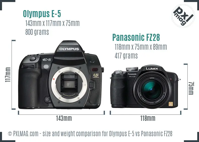 Olympus E-5 vs Panasonic FZ28 size comparison