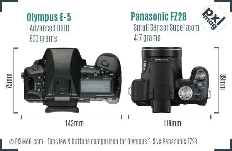 Olympus E-5 vs Panasonic FZ28 top view buttons comparison
