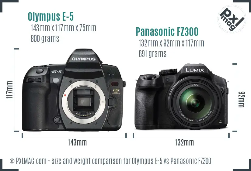 Olympus E-5 vs Panasonic FZ300 size comparison