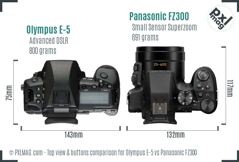 Olympus E-5 vs Panasonic FZ300 top view buttons comparison