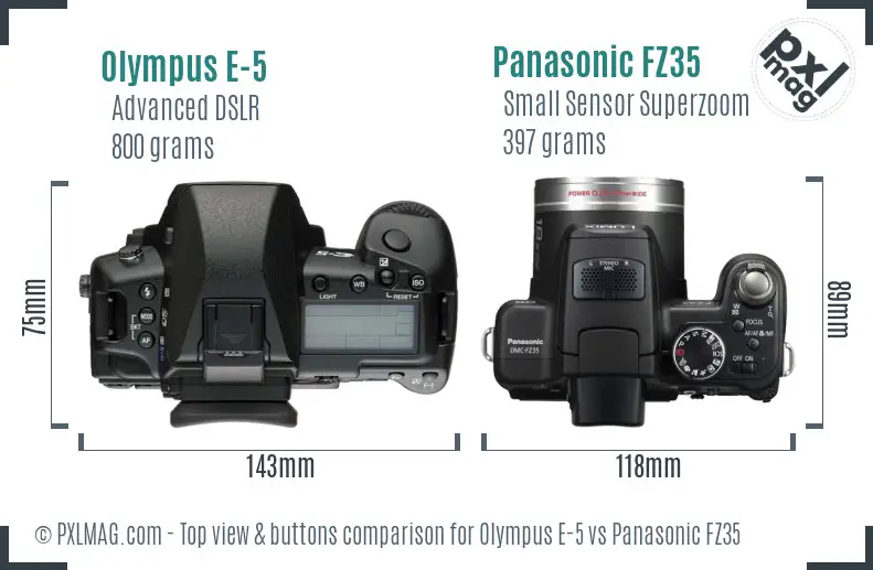 Olympus E-5 vs Panasonic FZ35 top view buttons comparison