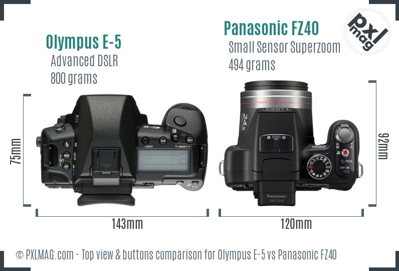 Olympus E-5 vs Panasonic FZ40 top view buttons comparison