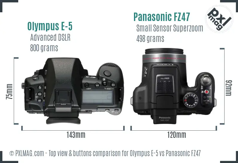Olympus E-5 vs Panasonic FZ47 top view buttons comparison