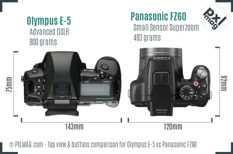 Olympus E-5 vs Panasonic FZ60 top view buttons comparison