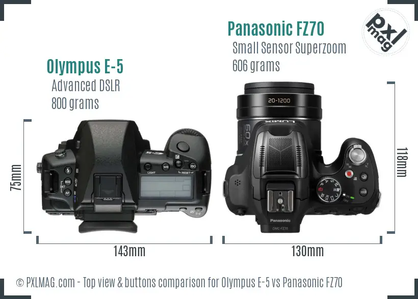 Olympus E-5 vs Panasonic FZ70 top view buttons comparison