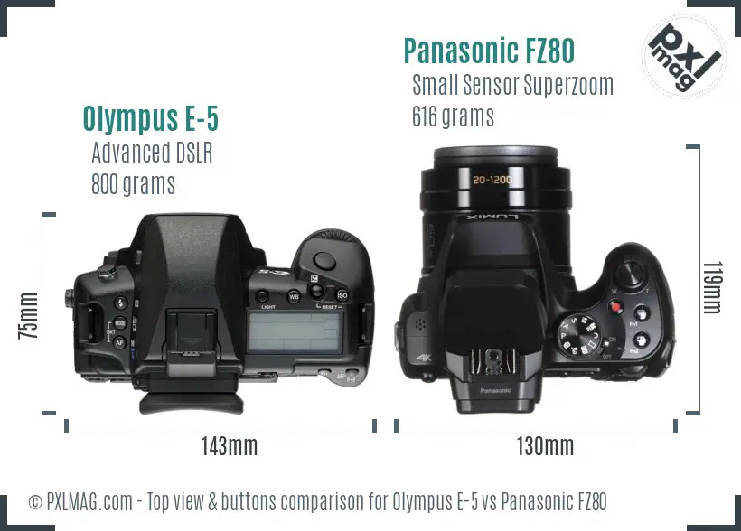 Olympus E-5 vs Panasonic FZ80 top view buttons comparison