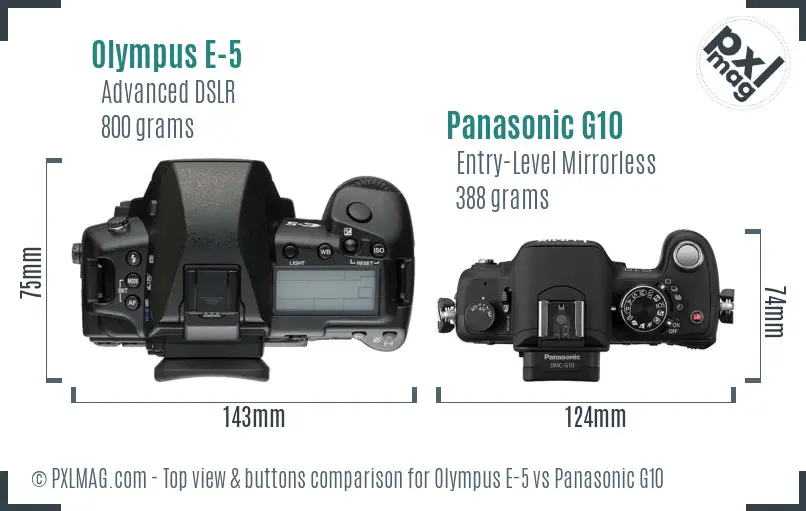 Olympus E-5 vs Panasonic G10 top view buttons comparison