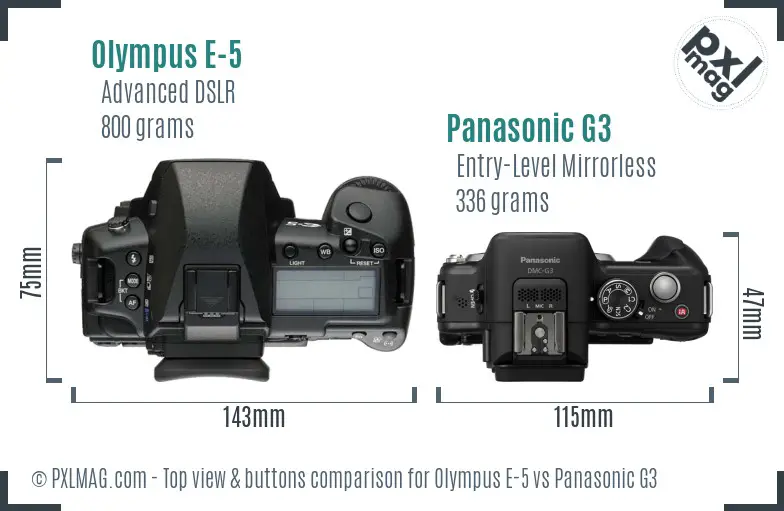 Olympus E-5 vs Panasonic G3 top view buttons comparison