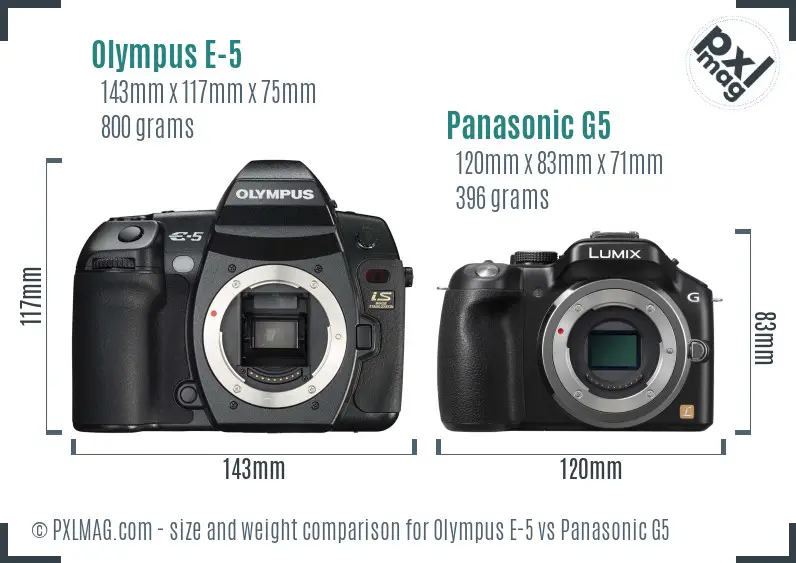 Olympus E-5 vs Panasonic G5 size comparison