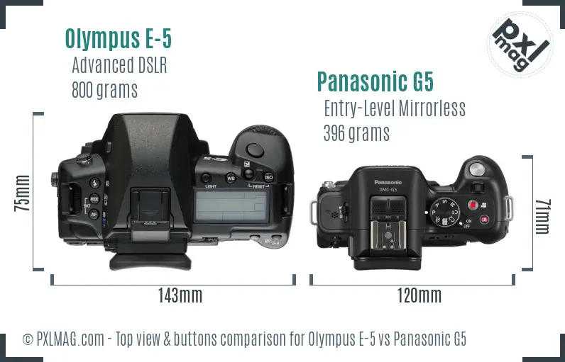 Olympus E-5 vs Panasonic G5 top view buttons comparison