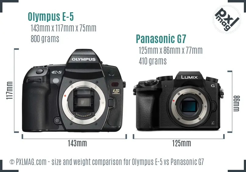 Olympus E-5 vs Panasonic G7 size comparison