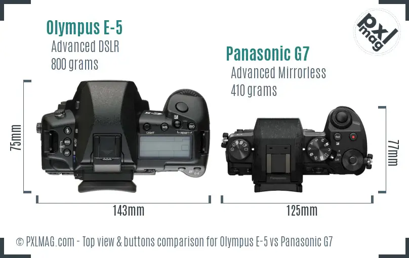 Olympus E-5 vs Panasonic G7 top view buttons comparison