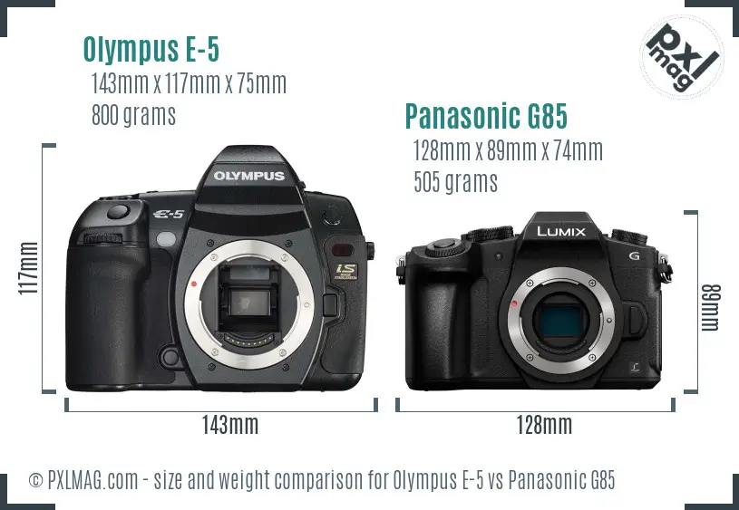 Olympus E-5 vs Panasonic G85 size comparison