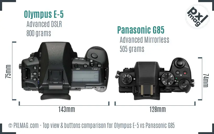 Olympus E-5 vs Panasonic G85 top view buttons comparison