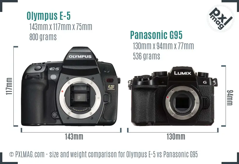 Olympus E-5 vs Panasonic G95 size comparison