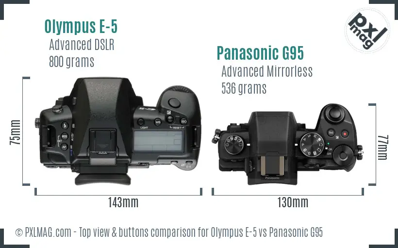 Olympus E-5 vs Panasonic G95 top view buttons comparison