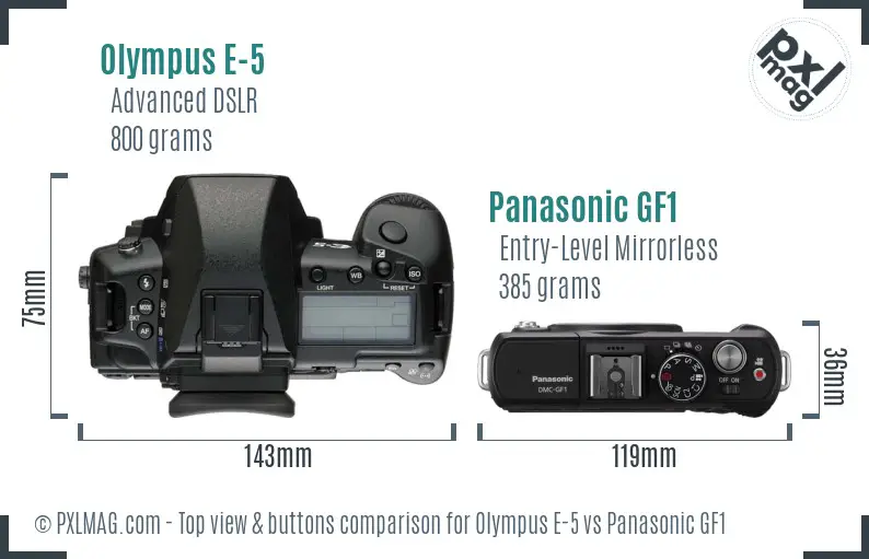 Olympus E-5 vs Panasonic GF1 top view buttons comparison