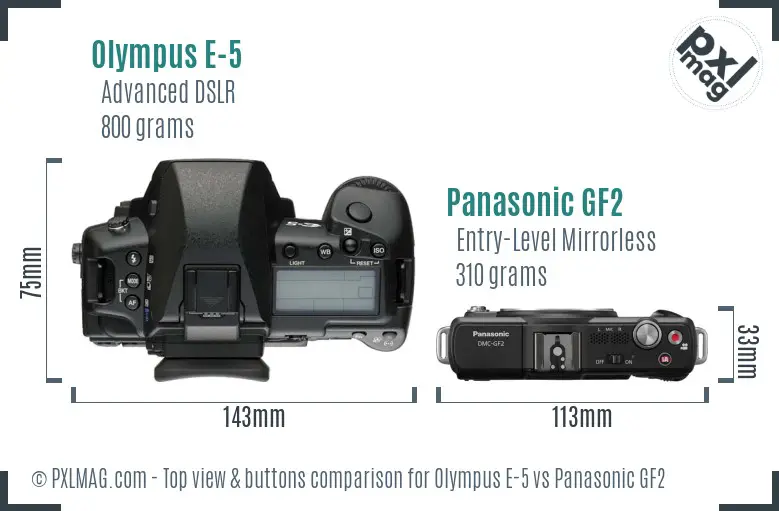 Olympus E-5 vs Panasonic GF2 top view buttons comparison
