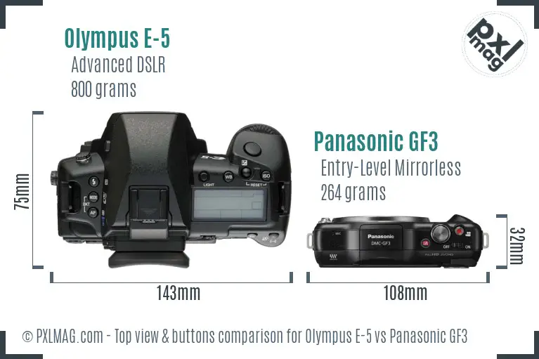 Olympus E-5 vs Panasonic GF3 top view buttons comparison