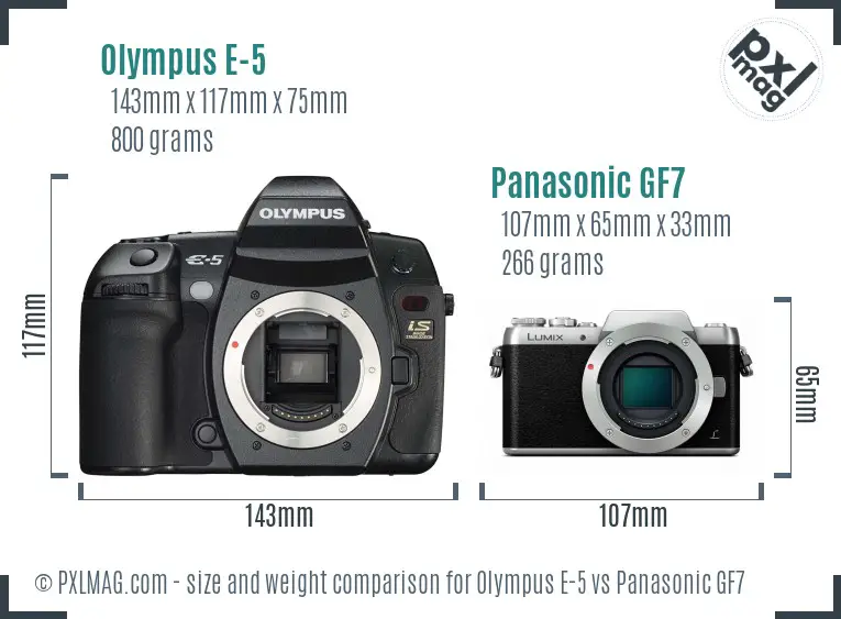 Olympus E-5 vs Panasonic GF7 size comparison