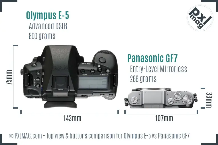 Olympus E-5 vs Panasonic GF7 top view buttons comparison