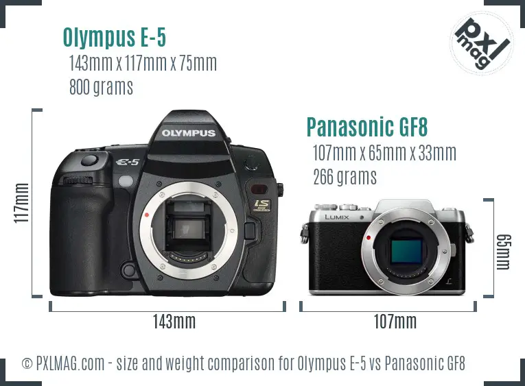 Olympus E-5 vs Panasonic GF8 size comparison