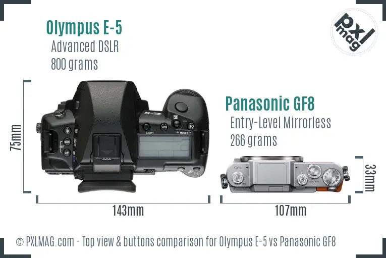 Olympus E-5 vs Panasonic GF8 top view buttons comparison