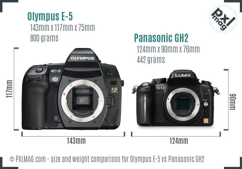 Olympus E-5 vs Panasonic GH2 size comparison