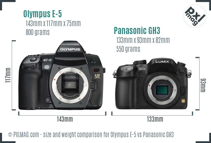 Olympus E-5 vs Panasonic GH3 size comparison