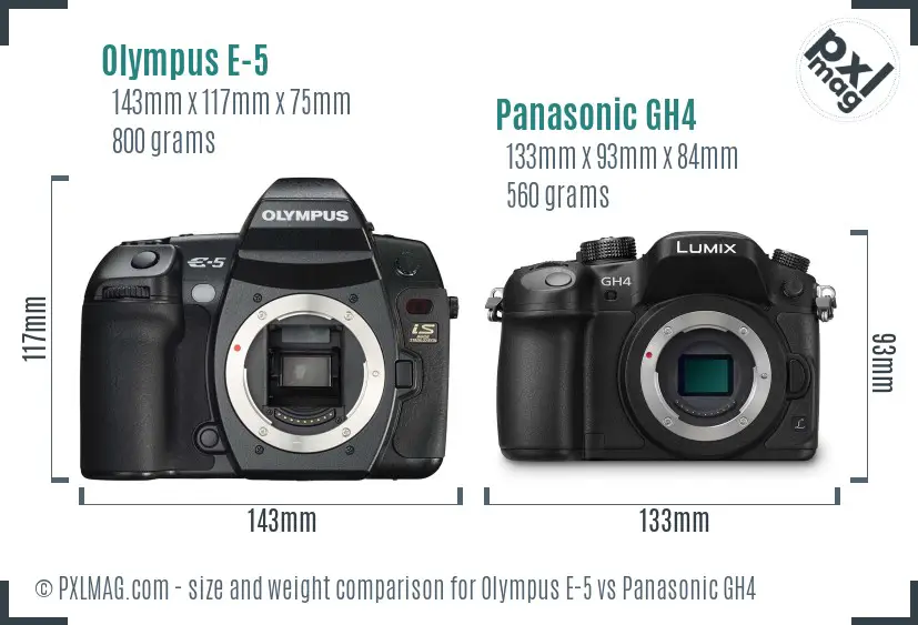 Olympus E-5 vs Panasonic GH4 size comparison