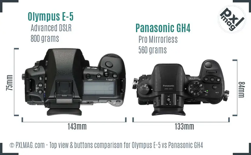 Olympus E-5 vs Panasonic GH4 top view buttons comparison