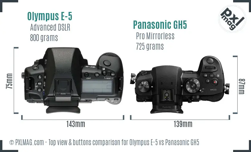 Olympus E-5 vs Panasonic GH5 top view buttons comparison