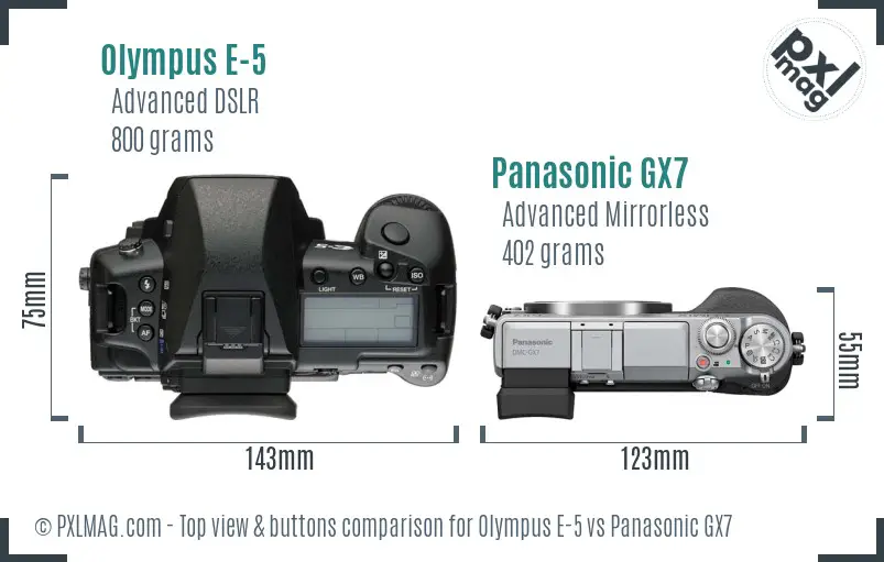 Olympus E-5 vs Panasonic GX7 top view buttons comparison