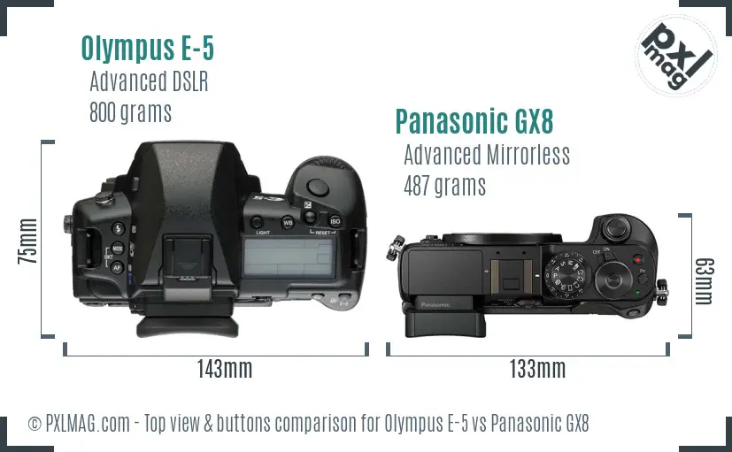 Olympus E-5 vs Panasonic GX8 top view buttons comparison