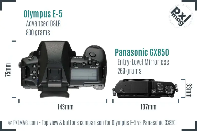 Olympus E-5 vs Panasonic GX850 top view buttons comparison