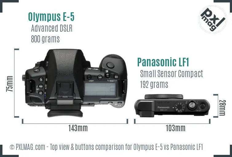 Olympus E-5 vs Panasonic LF1 top view buttons comparison
