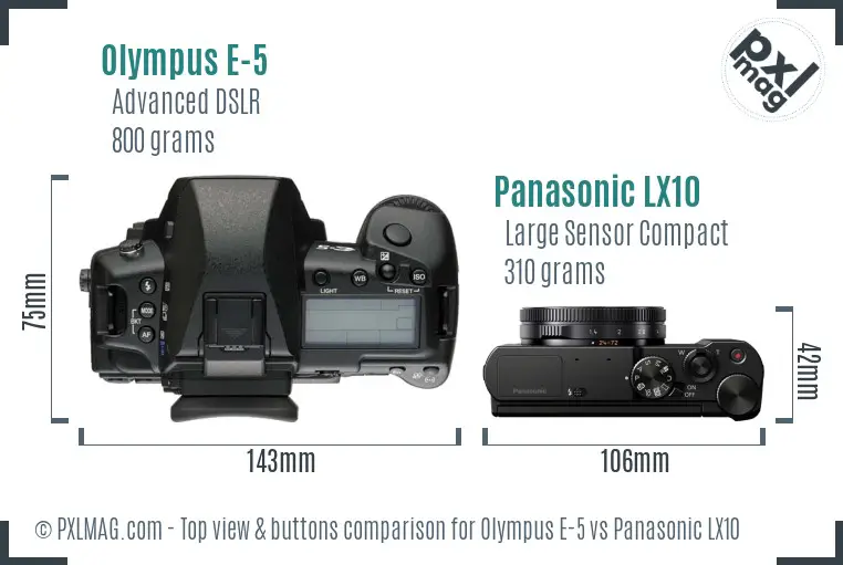 Olympus E-5 vs Panasonic LX10 top view buttons comparison