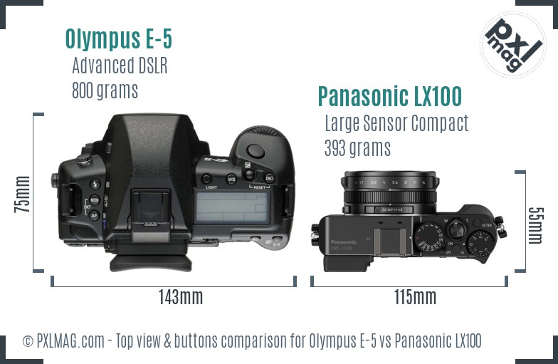 Olympus E-5 vs Panasonic LX100 top view buttons comparison