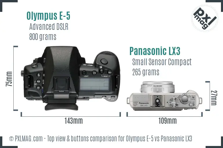 Olympus E-5 vs Panasonic LX3 top view buttons comparison