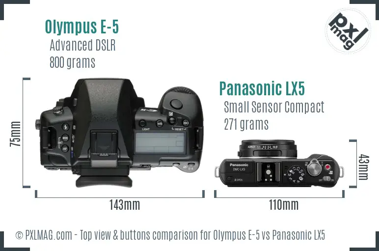 Olympus E-5 vs Panasonic LX5 top view buttons comparison