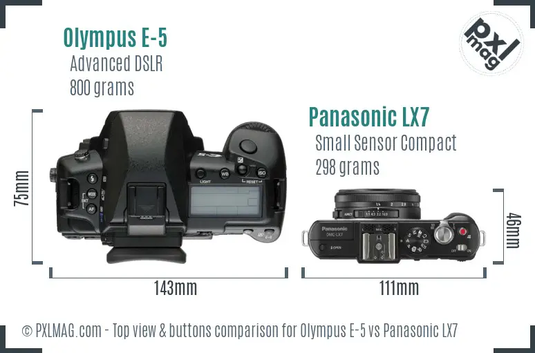 Olympus E-5 vs Panasonic LX7 top view buttons comparison